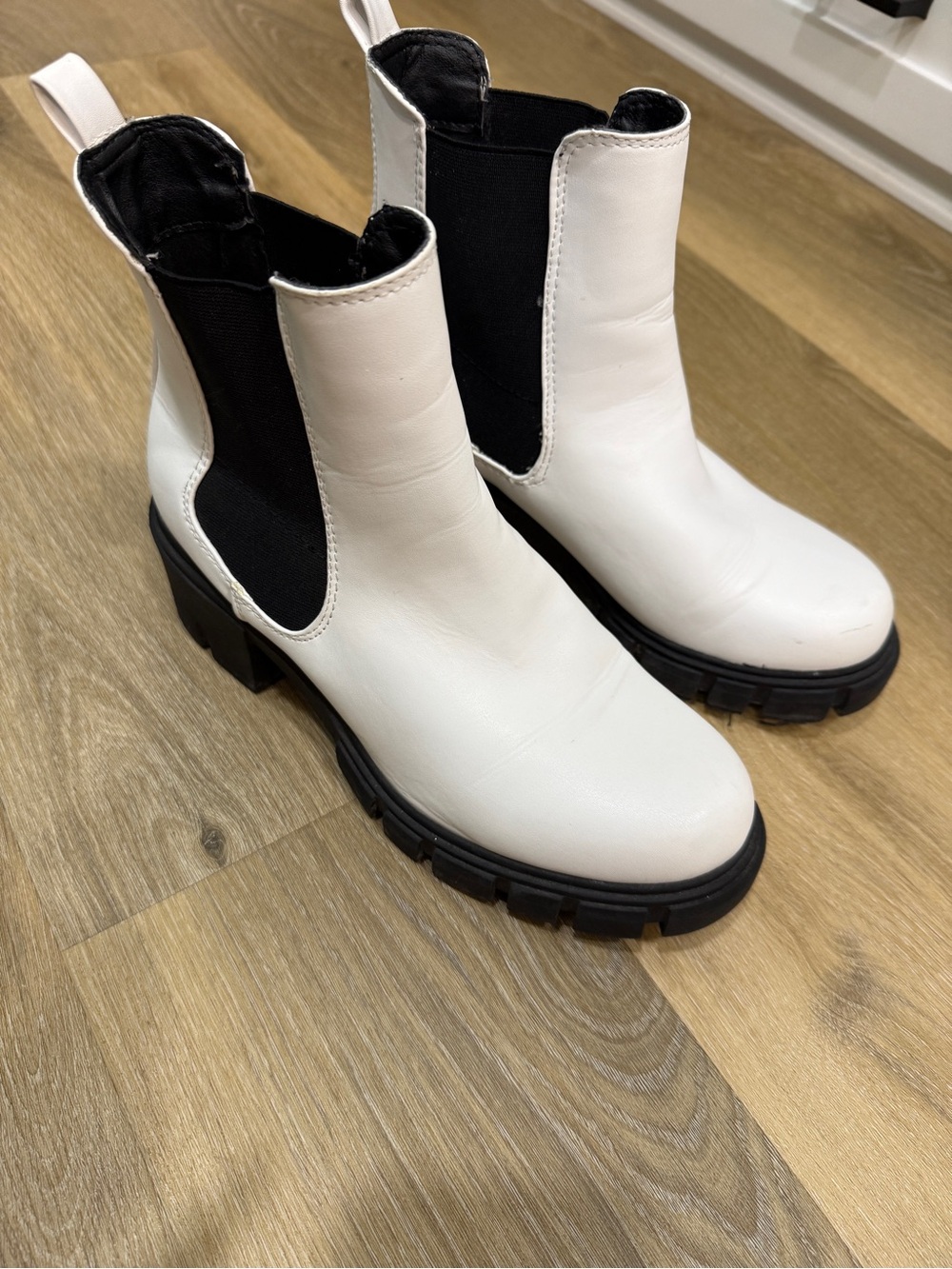 Women's White Madden Girl Chelsea Lug Booties with Black Elastic Panels